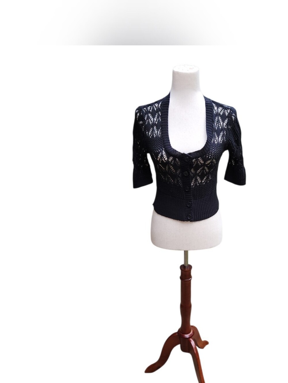 Vtg Y2K Say What? Black Pointelle open knit Crop Cardigan Bolero 90s Small